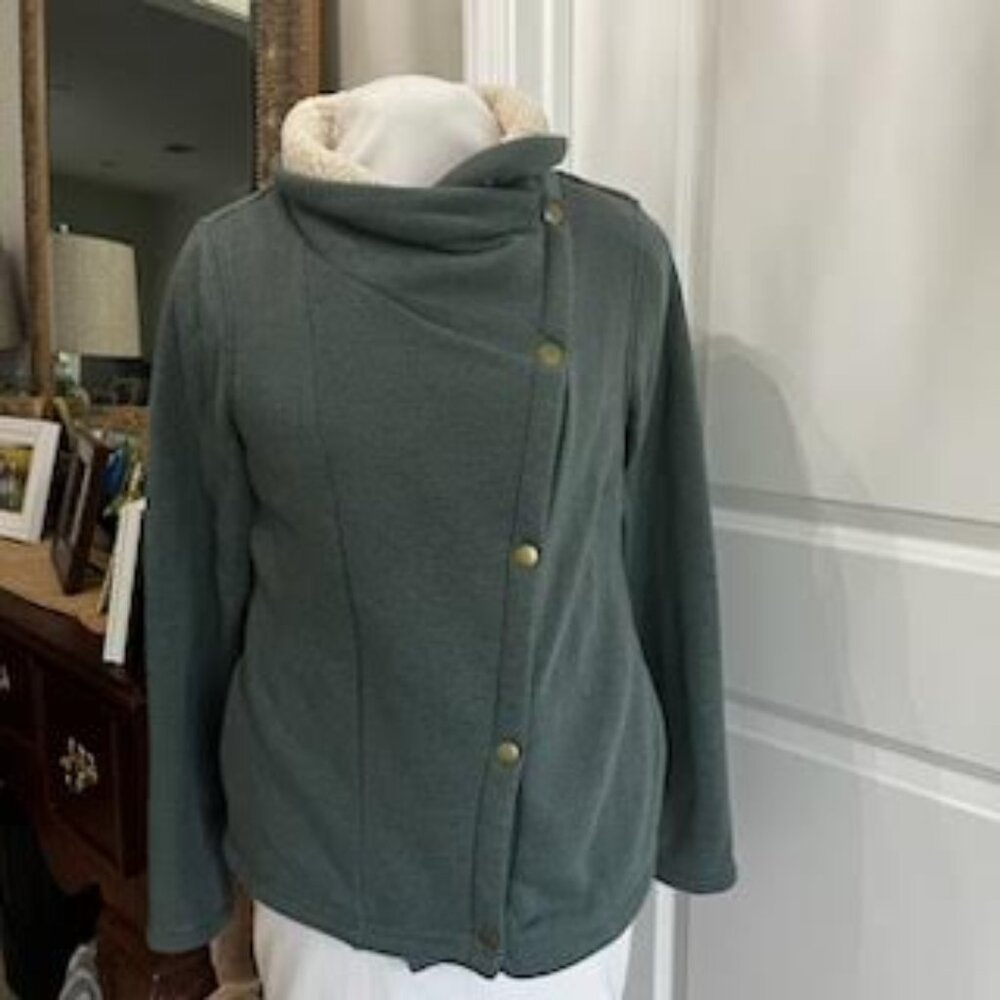 Columbia Sherpa Fleece Lined Jacket Women's Large Warm Green Jersey Knit Snaps
